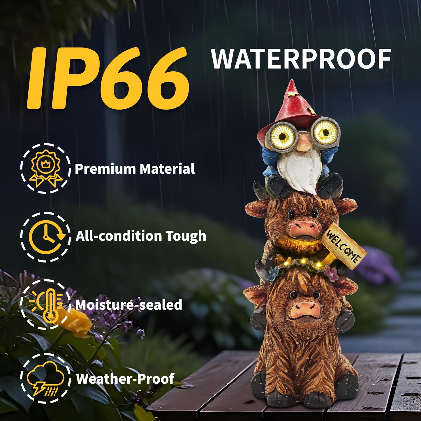 CFFOWNUG Garden Gnomes Outdoor Statue: 11'' Highland Cow Decor with Welcome Sign Funny Triple Yard Decorations with Solar Light Unique Birthday Gifts for Women Mother Grandma