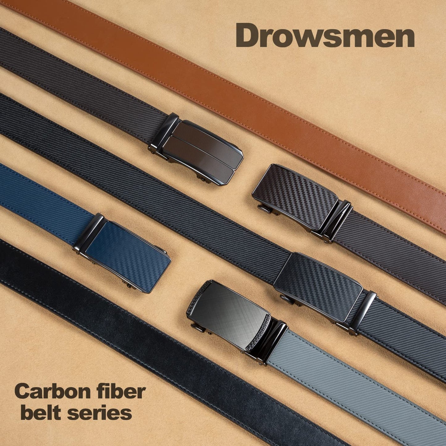 Drowsmen Leather ratchet belt 1 3/8" with Click Sliding Automatic Buckle, Adjustable belt Trim to Fit (Carbon Fiber M Belts, 28"-34" Waist Adjustable)