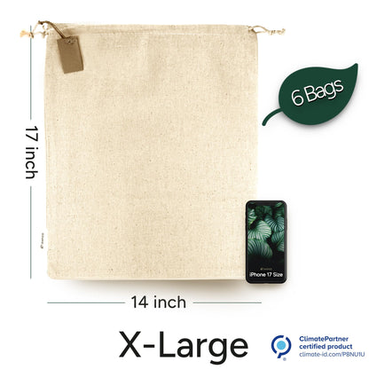 LEAFICO Cotton Storage Bags – X-Large 14x17 Inch (6-Pack) – Reusable Muslin Bags with Drawstrings – Biodegradable Canvas Fabric Sacks – Perfect for Bread, Bulk Produce, Potatoes, Onions, Shoes