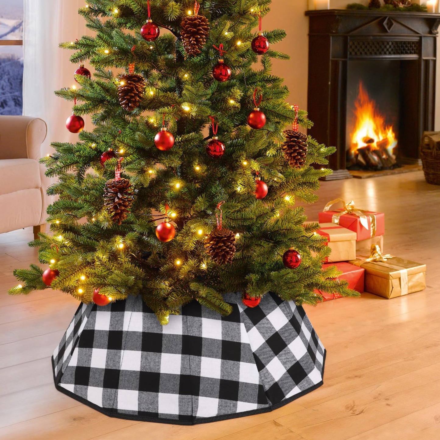 Christmas Tree Collar Velvet Folable Black White Buffalo Plaid Christmas Tree Ring Tree Skirt for Christmas Holiday Tree Decoration