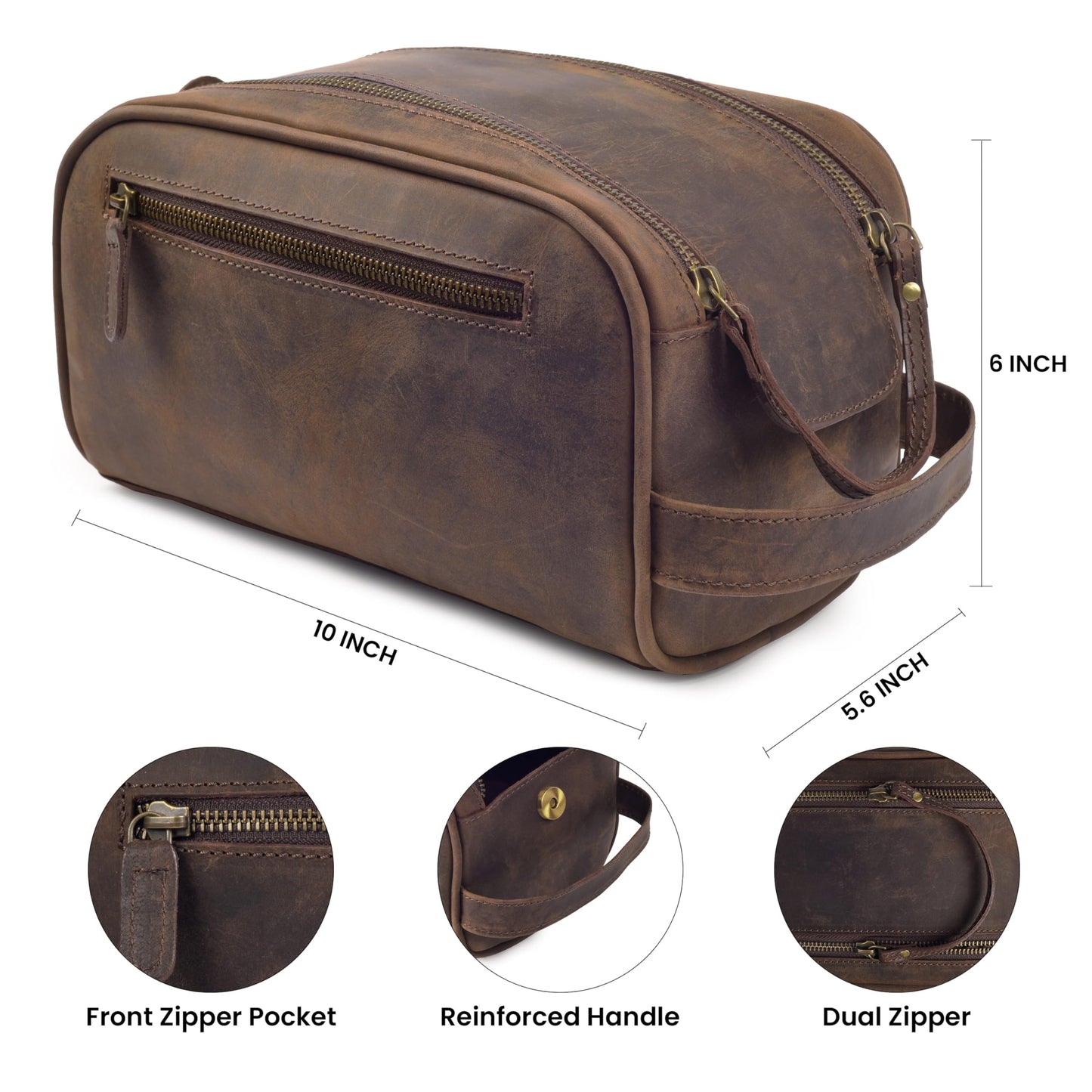 mds Genuine Leather Toiletry Bag for Men - Rustic Classic Vintage Handcrafted Full-Grain Leather Travel Dopp Kit with Waterproof Lining & Handle, Shaving & Grooming Kit Organizer Pouch - Rustic Brown
