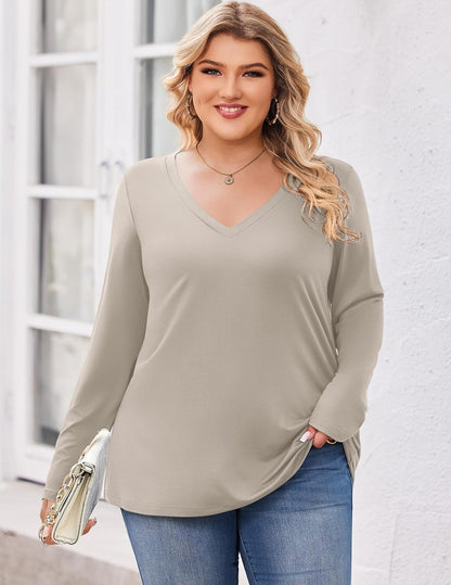IN'VOLAND Womens Plus Size Long Sleeve Shirts V Neck Basic Tee Tops Loose Fit Fall Outfits for Women 1X-5X