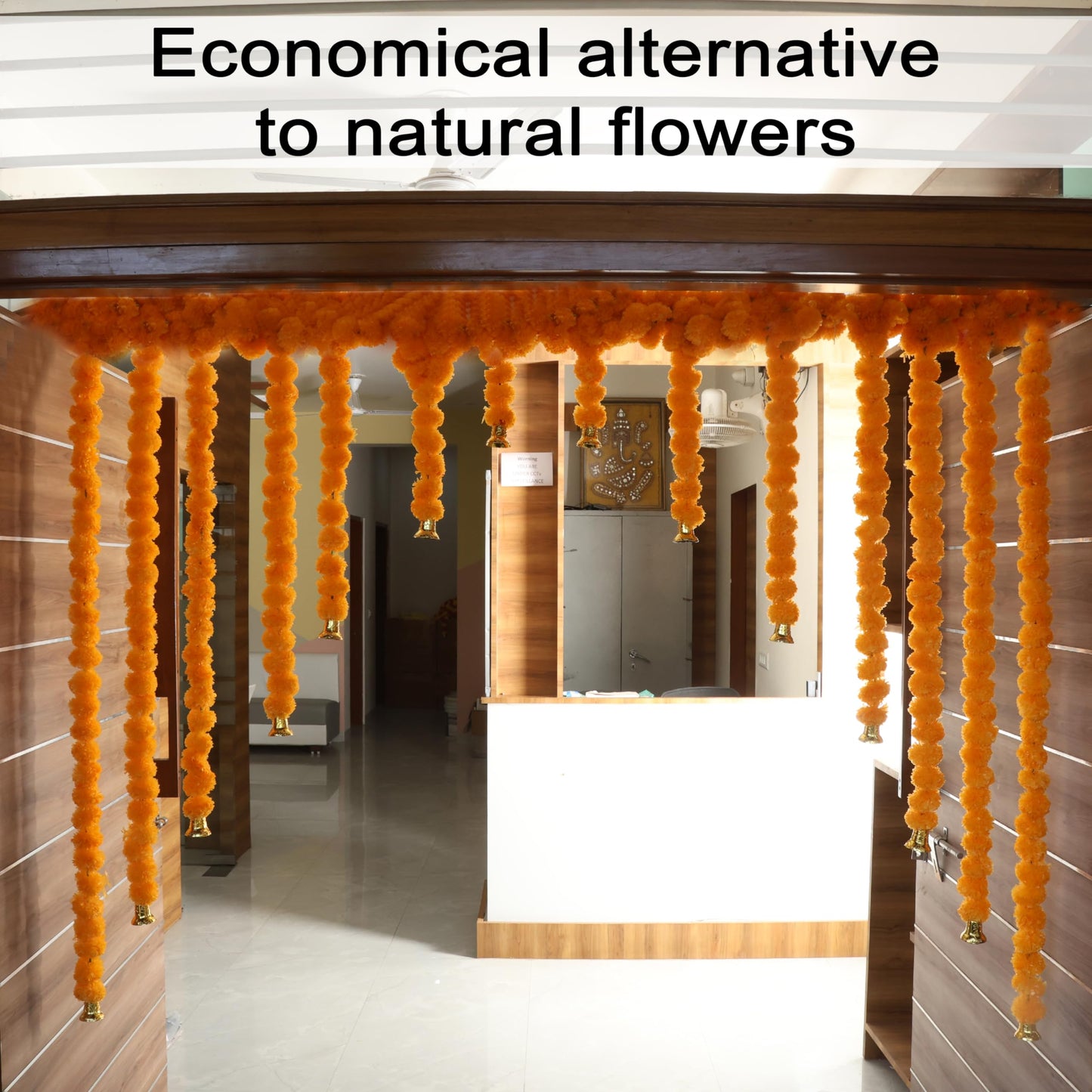 Marubhumi 5-PC Artificial Marigold Flower Garland – 4.5 Feet Long Strands with Bells | Mango Color | Diwali, Wedding, Home, and Christmas Décor