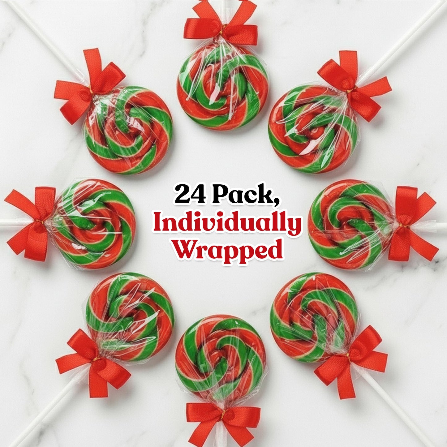 Christmas Lollipops with Red Bow - 24 Pack Individually Wrapped Christmas Candy Bulk – Stocking Stuffers for Kids – Xmas Party Favors, Classroom, Holiday Goodie Bag Fillers, Seasonal Treats, and Birthday Parties