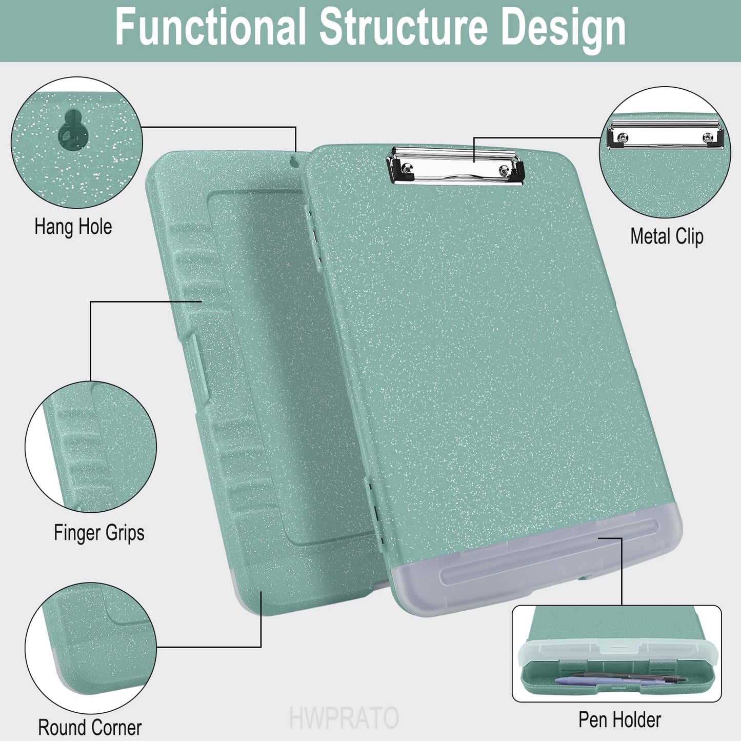 HWPRATO Glitter Clipboard with Storage, Clip Boards 8.5x11 with Pen Holder, Binder Clipboards with Low Profile Clip Heavy Duty Plastic Nursing Clipboard Folder Side Opening (Glitter Grayish Green)