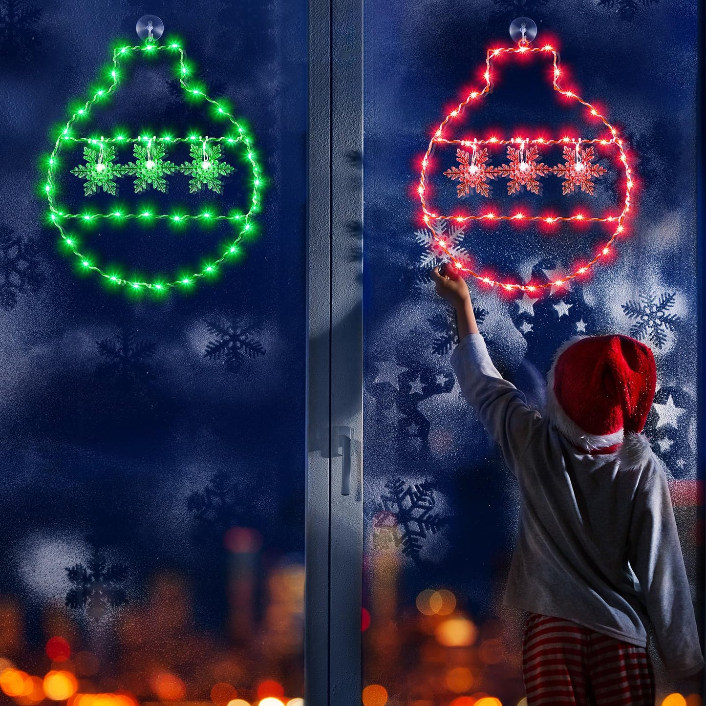 Hiboom 2 Pcs Christmas Window String Lights Decorations, 8 Modes Giant Green and Red LED Christmas Ball Window Lights with Snowflake, USB Powered and Remote Timer for Xmas Indoor Party Decor