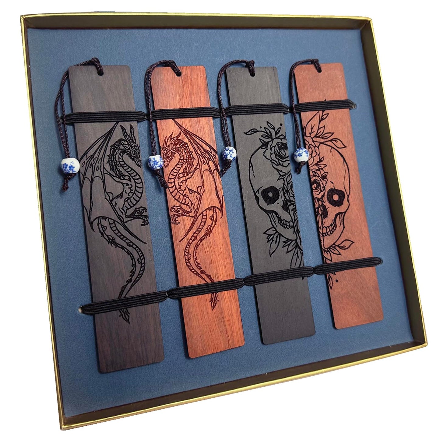 4 Pcs Wooden Bookmark Set, Book Marks for Book Lovers, Unique Bookmarks Gifts for Men Boy (Dragon and Skull)