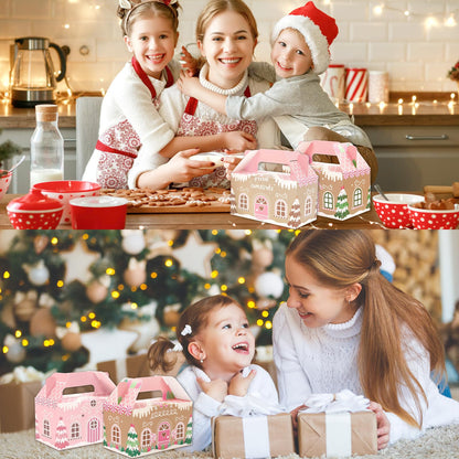 Whaline 24Pcs Christmas Treat Boxes with Handles Pink Gingerbread House Goodie Candy Bags Xmas Gable Paper Gift Containers for Cookie Snack Present Party Favor Supplies, 4 Designs