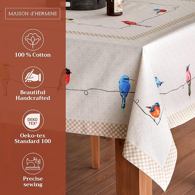 Maison d' Hermine Table Cloth Rectangle Table 100% Cotton 54 x 72 Inches Tablecloth Reusable Decorative for Dining Room, Farmhouse, Home, Party, Festive & Wedding Spring Summer - Birdies on Wire
