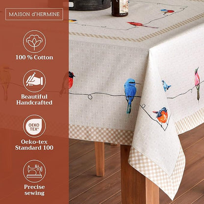 Maison d' Hermine Table Cloth Rectangle Table 100% Cotton 70 x 90 Inches Tablecloth Reusable Decorative for Dining Room, Farmhouse, Home, Party, Festive & Wedding Spring Summer - Birdies On Wire