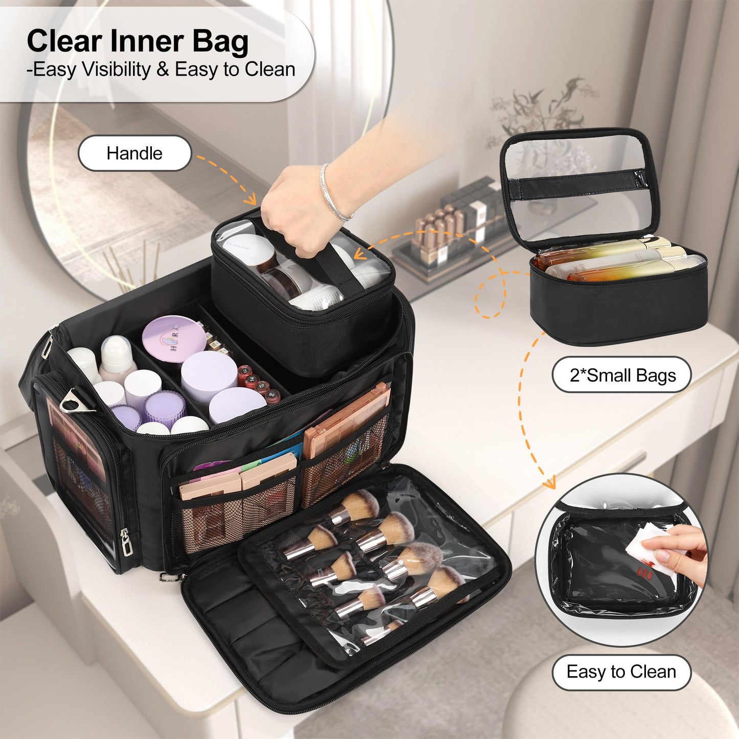 TANTO Large Makeup Bag, Makeup Artist Bag Professional Cosmetic Case with 2 Pouches & Dividers Portable Travel Makeup Bag Organizer for Women Girls Makeup Train Case Storage with Shoulder Strap