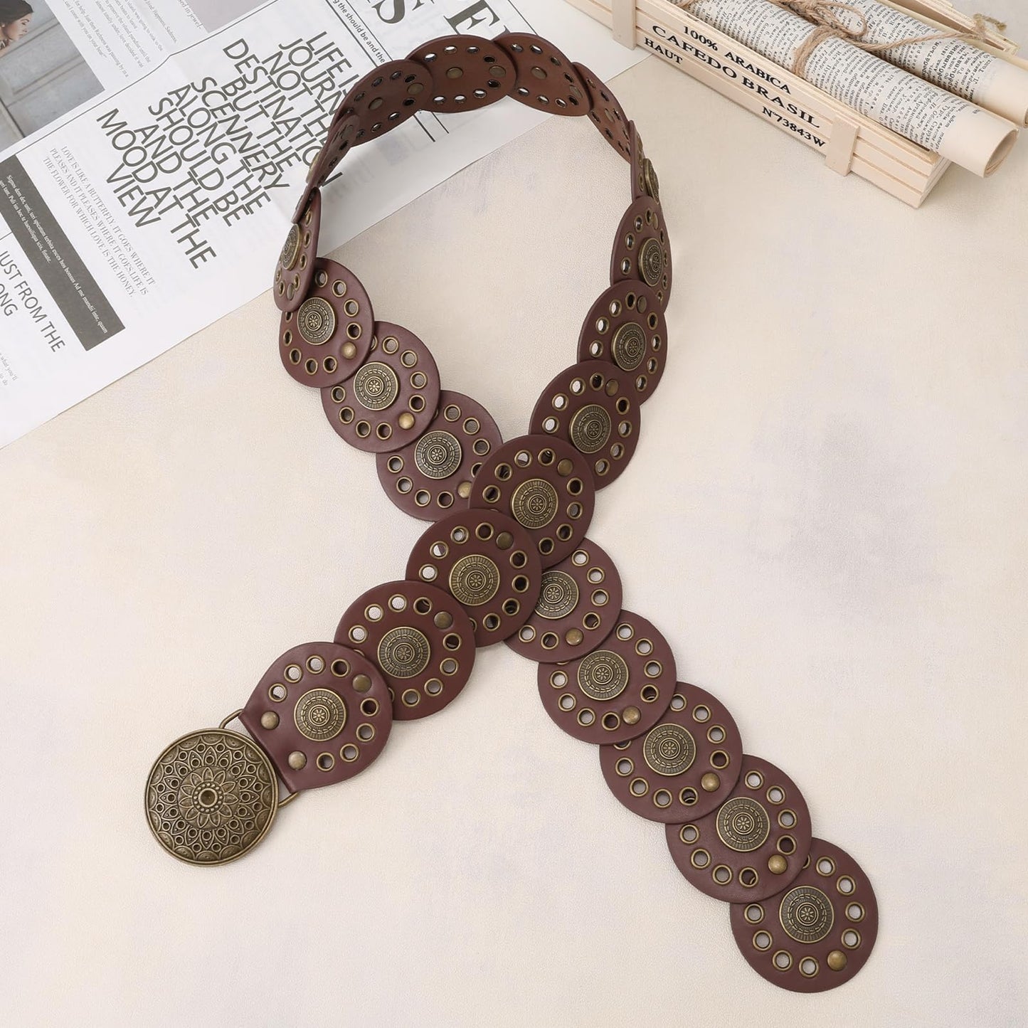 WHIPPY Western Belts for Women Vintage Disc Waist Belts Concho Leather Belts Boho Waist Belt for Dress Jeans, Bronze Brown, S
