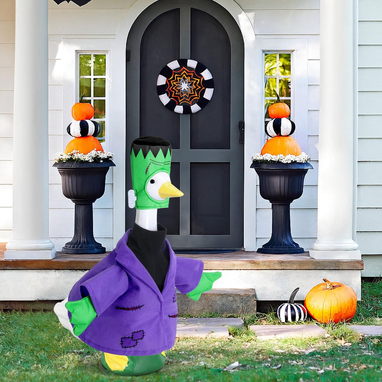 Watayo 2 Pcs/Set Halloween Monster Goose Outfits, Porch Goose Statue Monsters Costume, Purple Lawn Goose Monster Clothes with Hat for 23" Statue Halloween Fall Outdoor Patio Garden Yard Decor