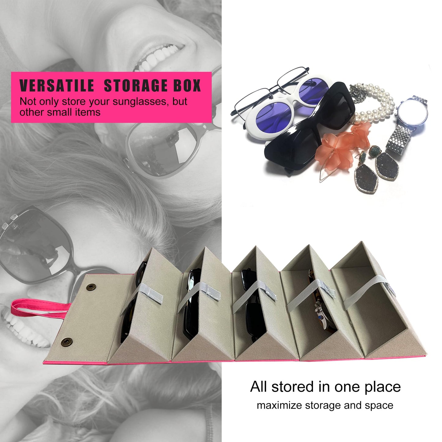 Longjet Sunglasses Organizer 5 Slots Travel Glasses Case Multiple Pairs Eyeglasses Storage Box Hanging Eyewear Holder (Peach Pink)