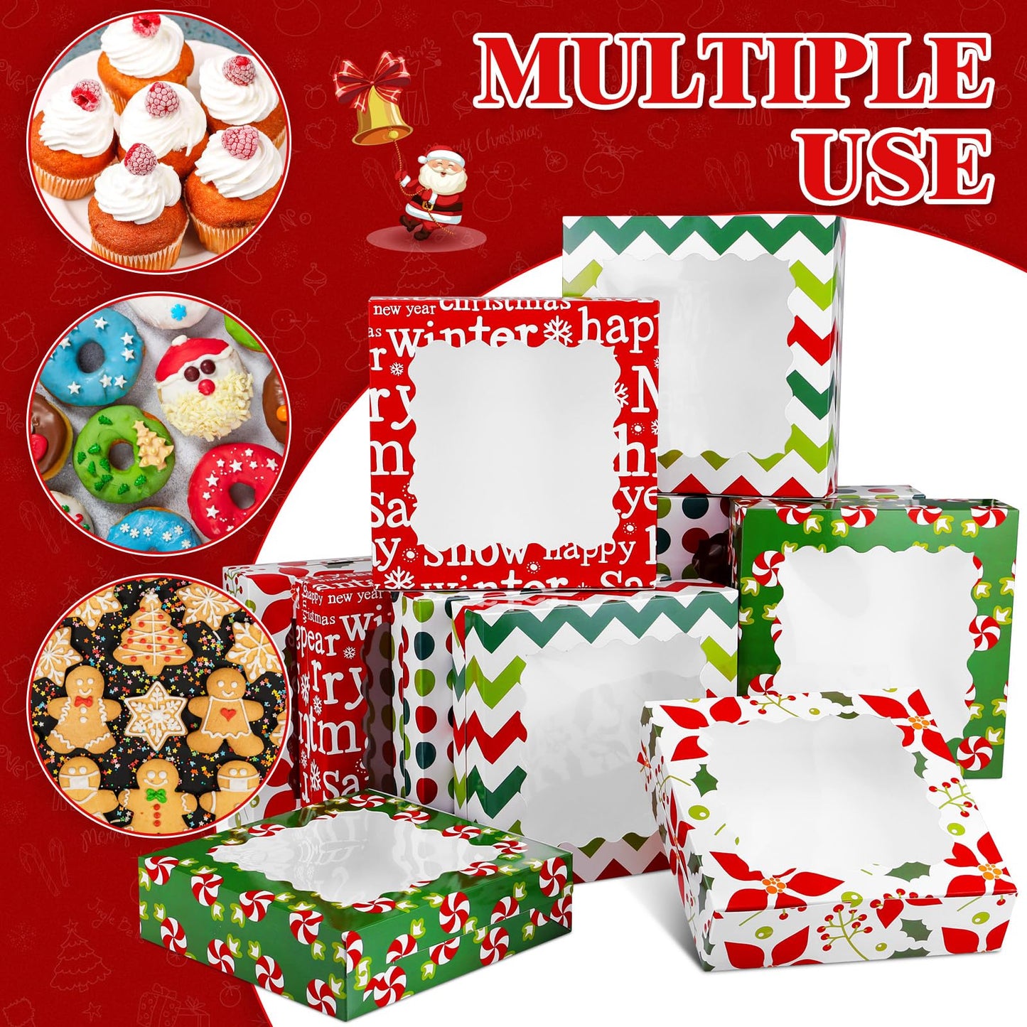 Czlotyh 30 Pcs Christmas Cookie Boxes with Window 9 x 9 x 2.5 inch Xmas Treat Boxes Candy Bakery Cupcakes Desert Container for Pastries Packaging Christmas Party Supplies Gift Giving
