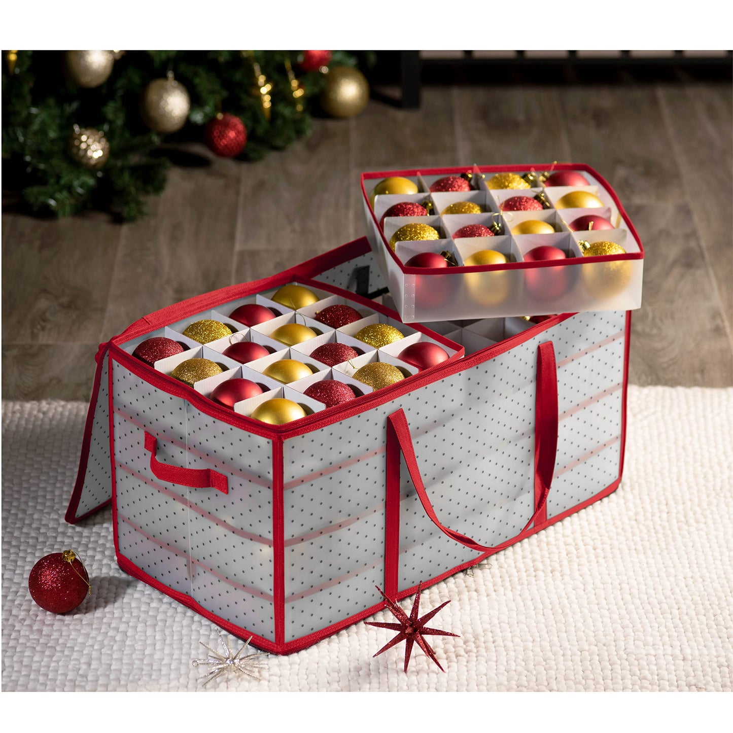 ZOBER Christmas Ornament Storage Box - Stores 128 Ornaments W/ 2 Sided Zipper - Flexible Plastic Christmas Ornament Storage Containers - 3 Inch Cube Compartments - Red