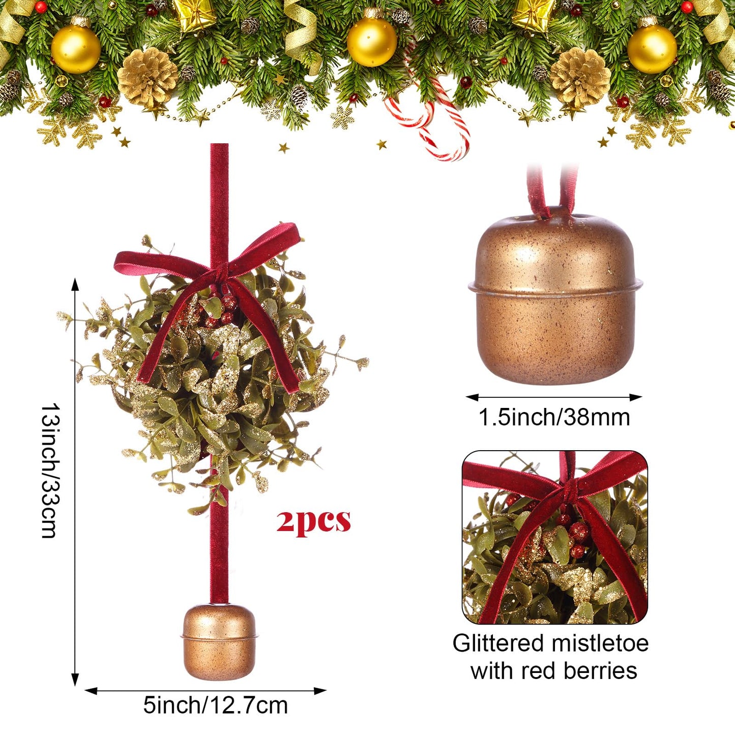 Canlierr 2 Pcs 5 Inch Valentines Day Mistletoe Ball Jingle Bell Ornament Mistletoe Glitter Kissing Ball with Jingle Bell Bow and Red Berry Artificial Hanging Ornament for Doorway Ceiling Light Decor