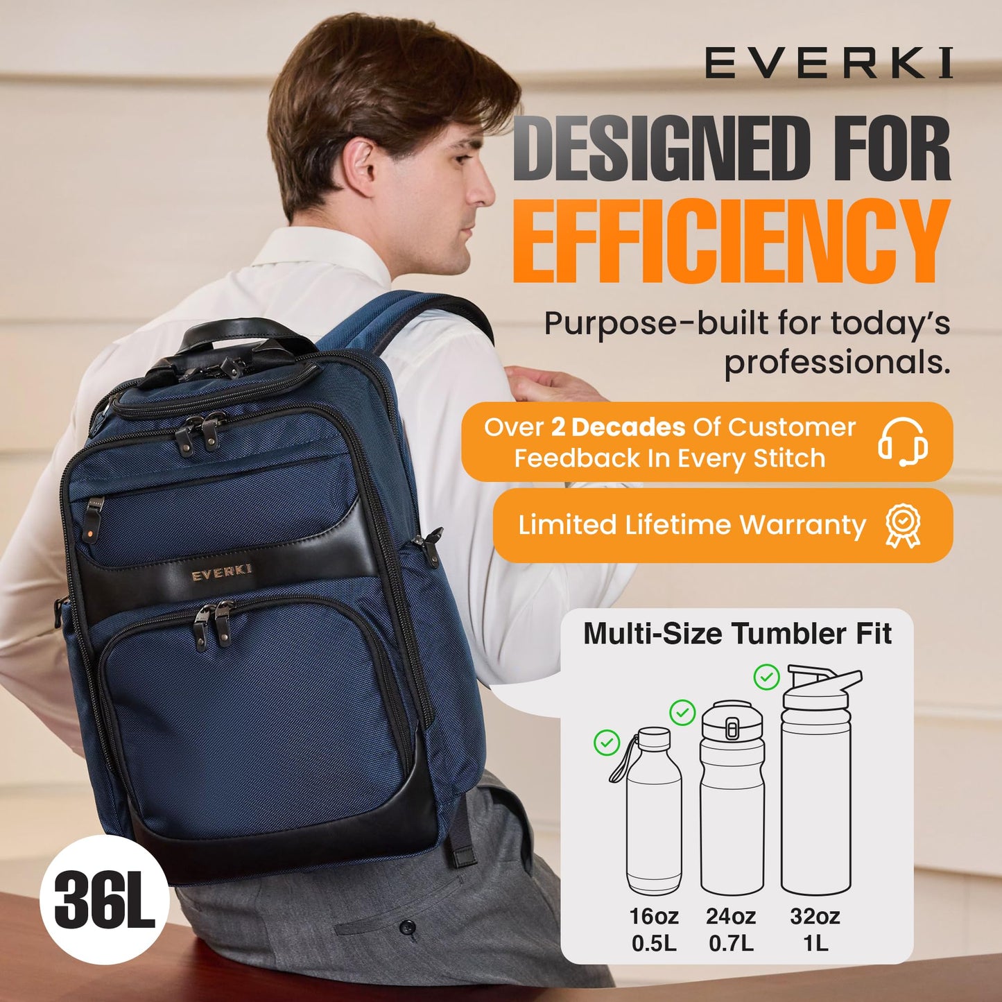 EVERKI Onyx 36L Business Laptop Backpack – Professional Travel Backpack for Men & Women, Laptop Bag with Premium Leather Ballistic & Nylon, Office & Flight Approved, Fits Laptops up to 17.3” - Navy