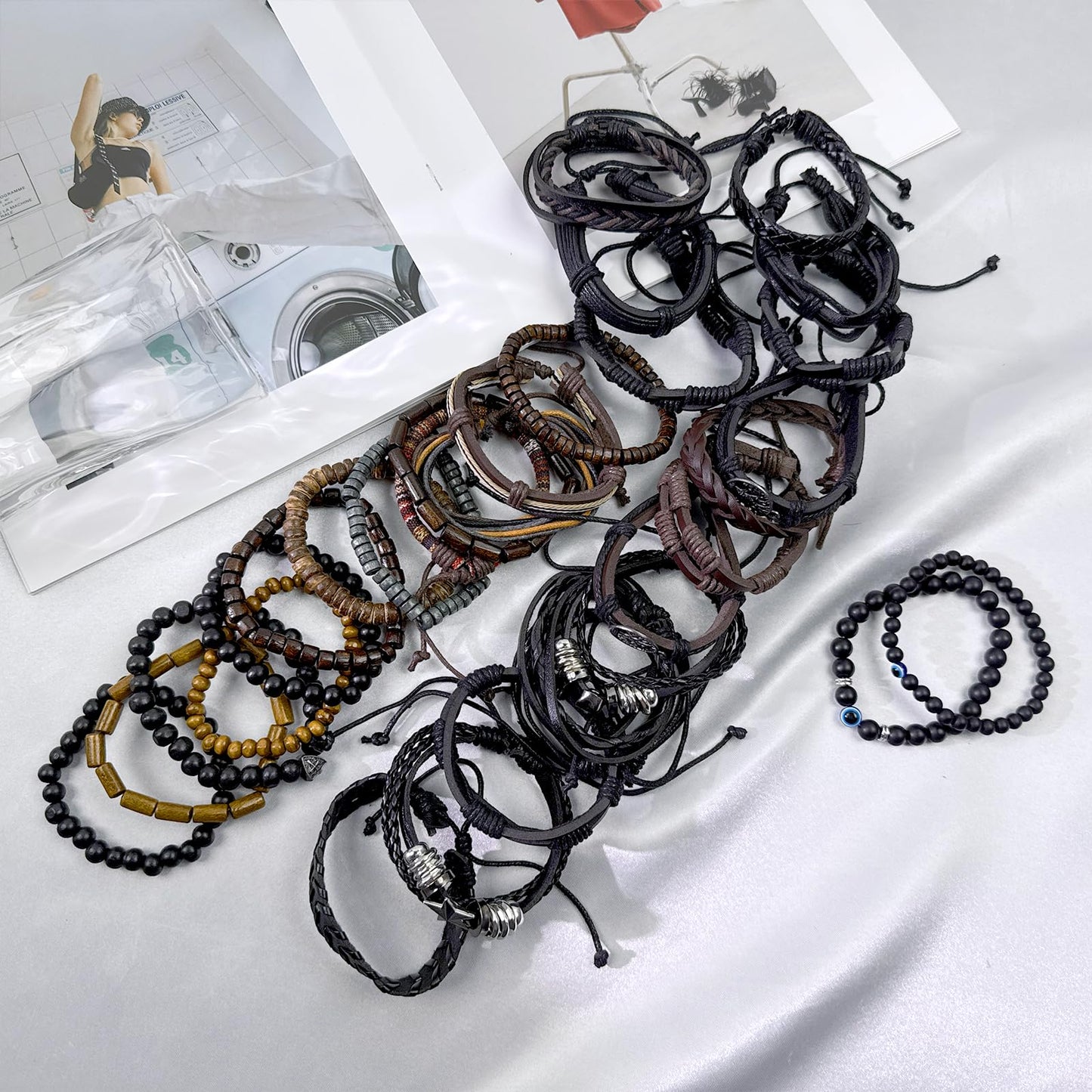 31Pcs Braided Leather Bracelets for Men Women Punk Wrap Cuff Bracelets Hemp Cords Wood Beads Ethnic Tribal Handmade Wrap Wristband Gothic Evil Eye Bracelets Set Adjustable Skull Skeleton Accessories