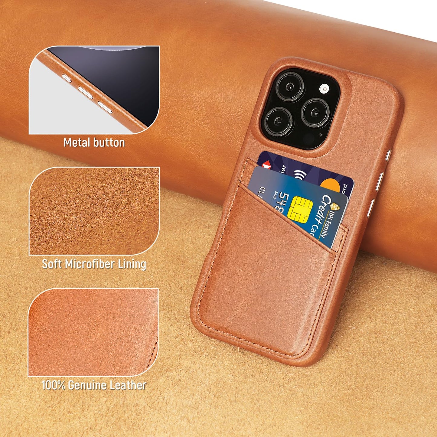 LUCKYCOIN 100% Genuine Leather Wallet Phone Case for iPhone 16 Pro, Slim Design with Card Holder, Shockproof Protective Cover, Microfiber Lining & Metal Buttons, for Men and Women, Tan