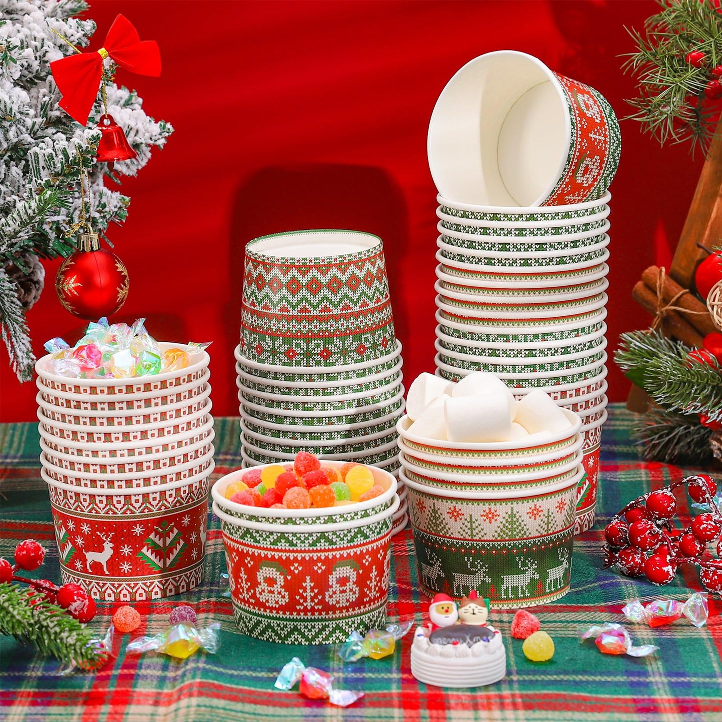 Whaline Christmas Snack Cup Xmas Red Green Ugly Sweater Disposable Paper Cups 9 Oz Dessert Ice Cream Paper Bowls for Winter Holiday Treat Candy Cake Party Favor Supplies, 48 Pcs