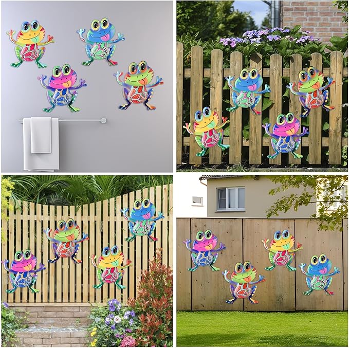 Metal Frog Wall Decor, 4Pcs Frog Iron Wall Art Sculptures Art Frogs Wall Hanging Sculpture Decoration. Outdoor Fence Art for Home Garden, Fence, Patio, Yard, Bedroom Outside Gifts for Adults
