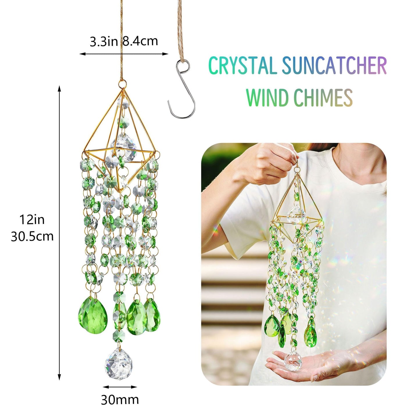 HDCRYSTALGIFTS Crystal Suncatcher Glass Wind Chimes Style Sun Catchers Indoor Window Rainbow Prisms Suncatcher for Window Hanging Home Garden Decor (21.5inch,Green)
