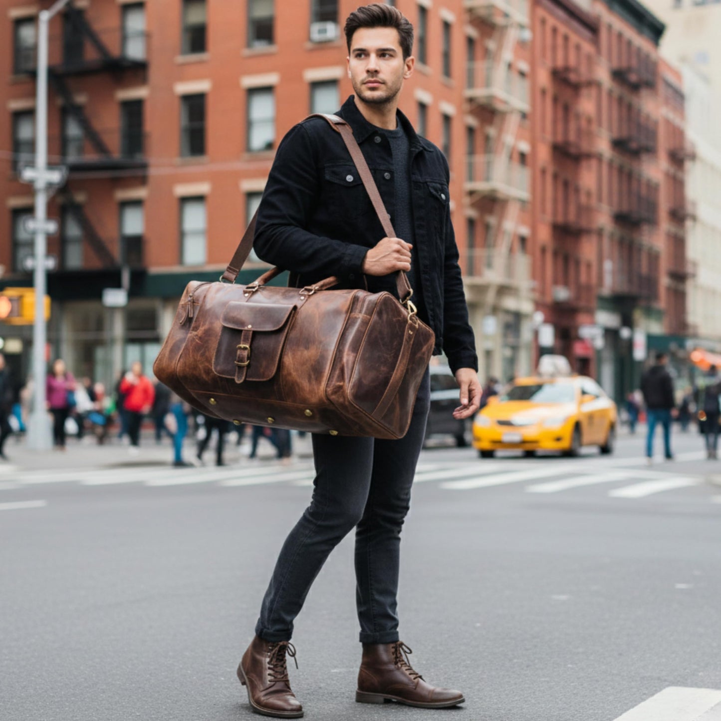 Handmade World Leather Duffle Bag for Men – Full Grain Buffalo Leather Weekender Travel Bag, Large Carry On Overnight Gym Bag, Handmade Rustic Brown Leather Luggage 24 Inch (Crunch Leather)