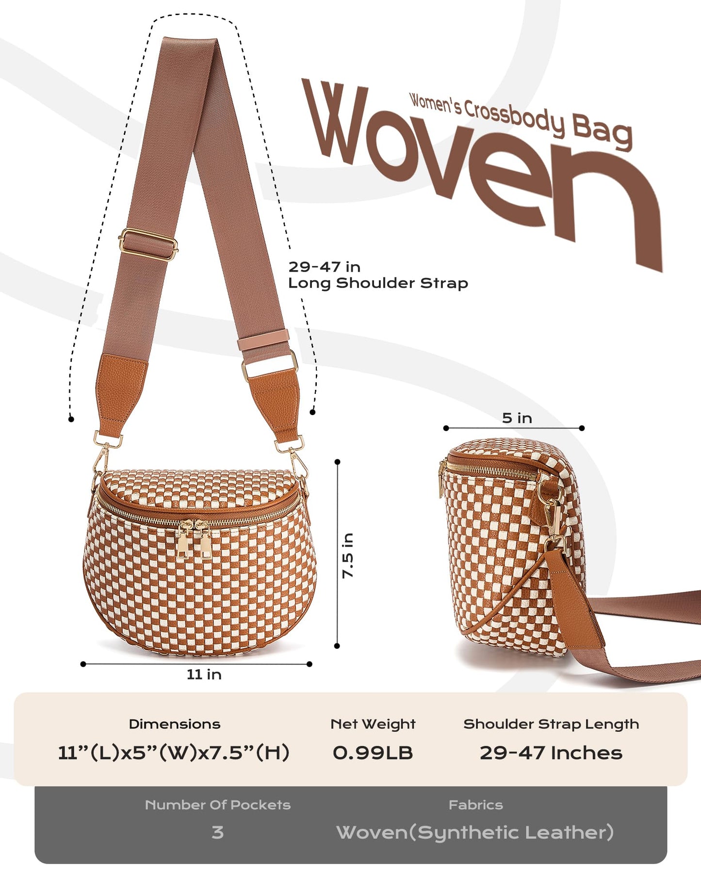 Trendy Woven Checkered Crossbody Bum Bag for Women，PU Leather Checkered Purse Fanny Packs Belt Bag (Woven Bum Bag - Brown White)