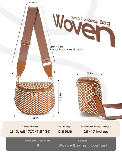Trendy Woven Checkered Crossbody Bum Bag for Women，PU Leather Checkered Purse Fanny Packs Belt Bag (Woven Bum Bag - Brown White)