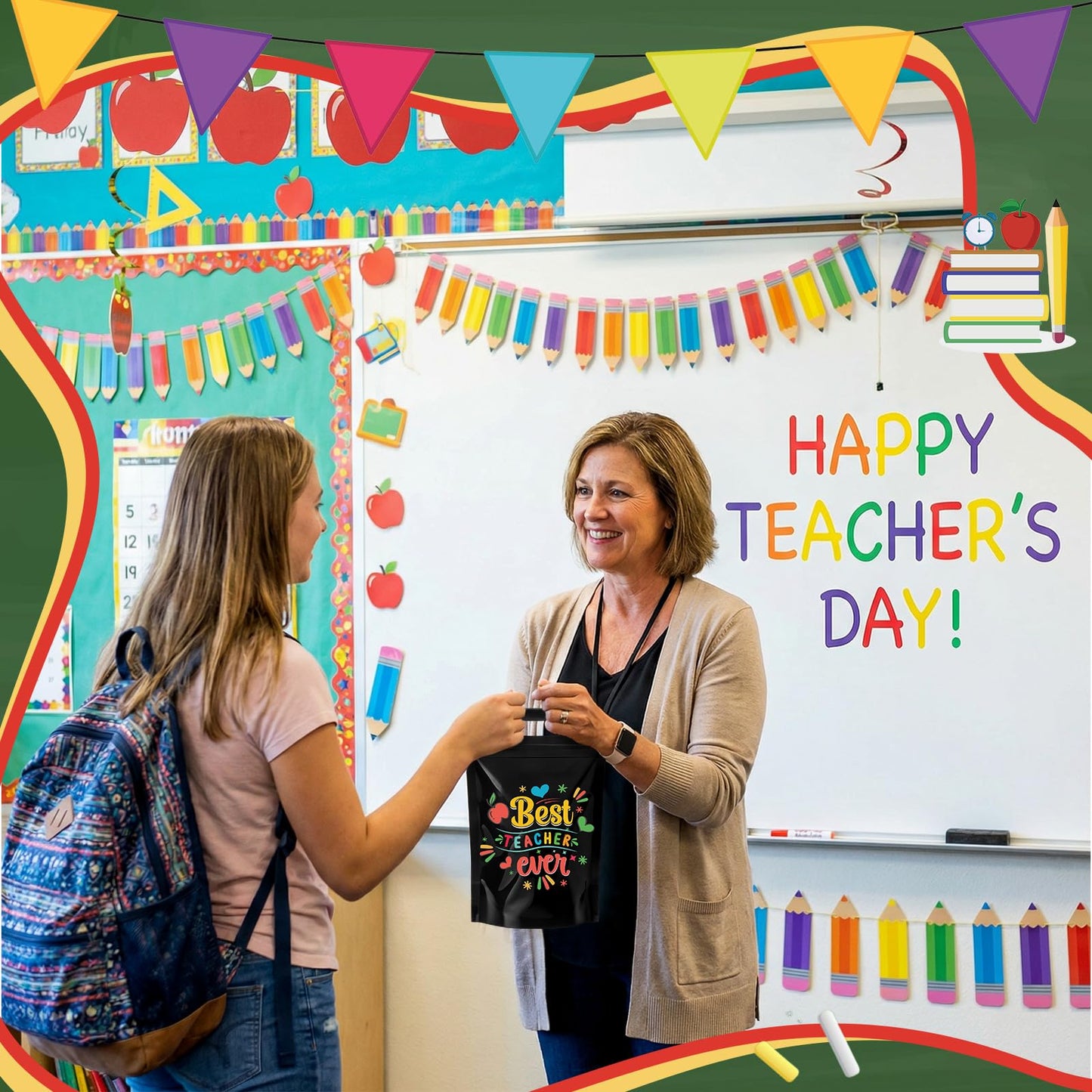Engrowtic 50 Pcs Back to School Teacher Gift Bags Resealable First Day of School Teacher Treat Bag Bulk Thank You Goodie Pouches with Handles for Classroom Preschool Kindergarten Supplies
