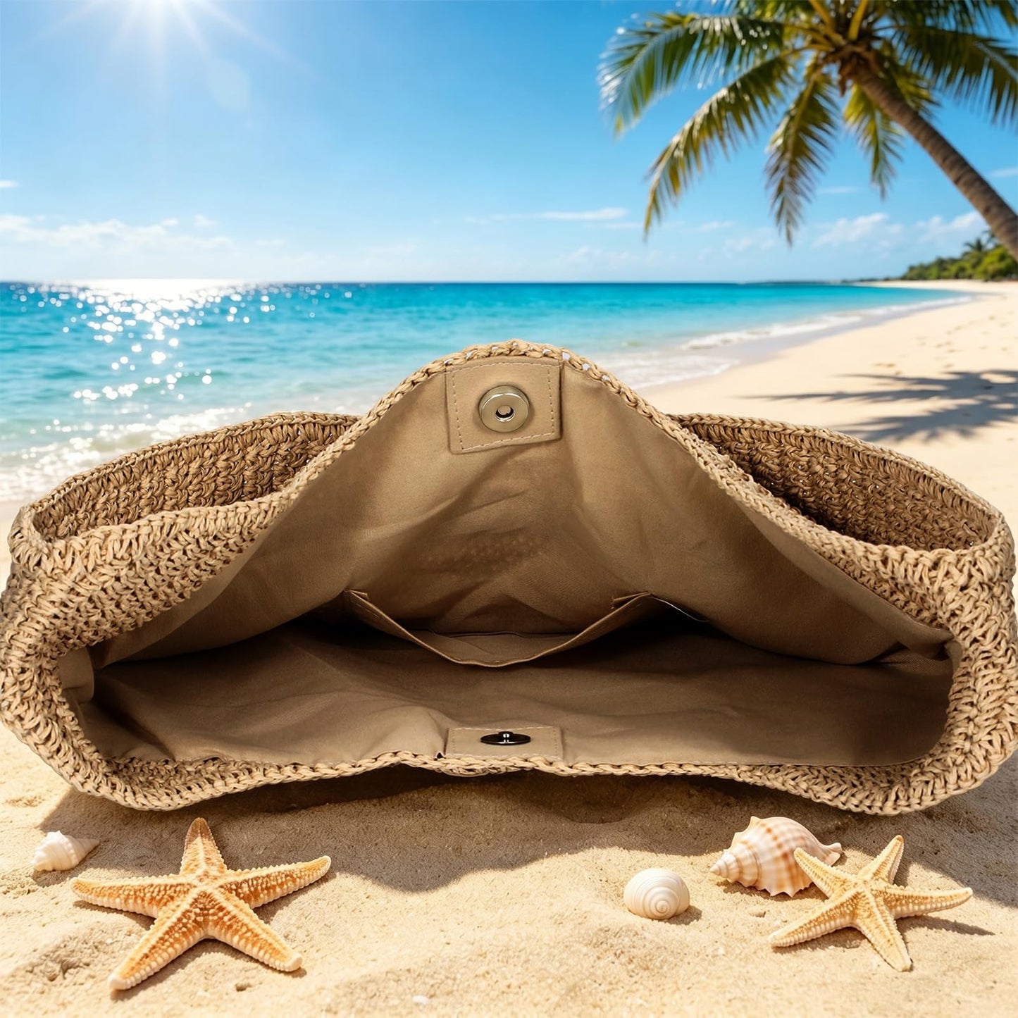 XquiziFit Beach Bags for Women Boho Straw Purse Summer Woven Shoulder Bag Handbag Crochet Mesh Tote Bag Vacation Purse Khaki
