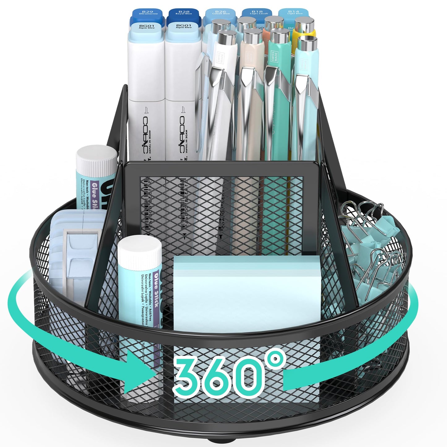 YINGHUA Metal Mesh Desk Organizer with 5 Compartments and Rotating Pencil Holder Pen and Stationery Organizer for Office Home School Anti Slip Base Black