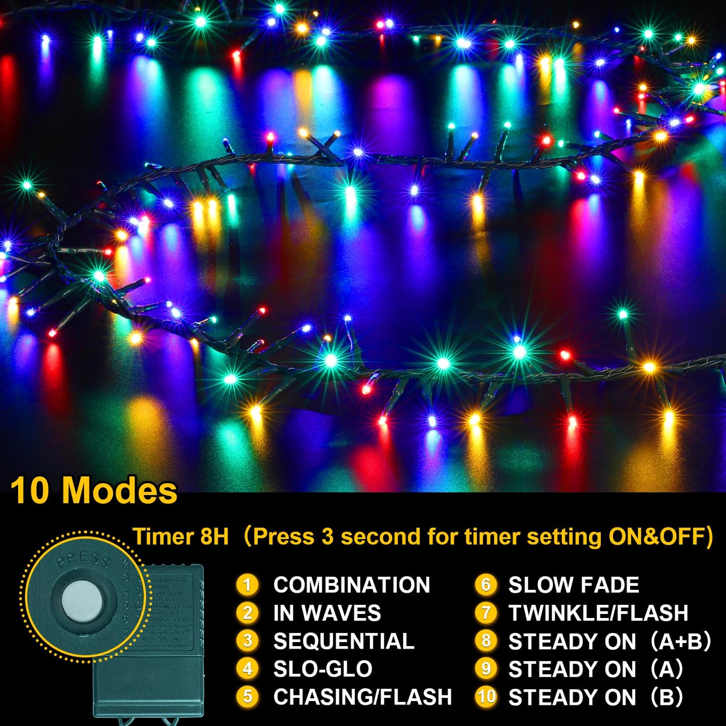 LAMPHOME 500 LED String Lights Outdoor, 16 Modes Plug-in Twinkle Fairy for Bedroom, 46ft 500LED Christmas Cluster Outdoor Waterproof - Multicolor