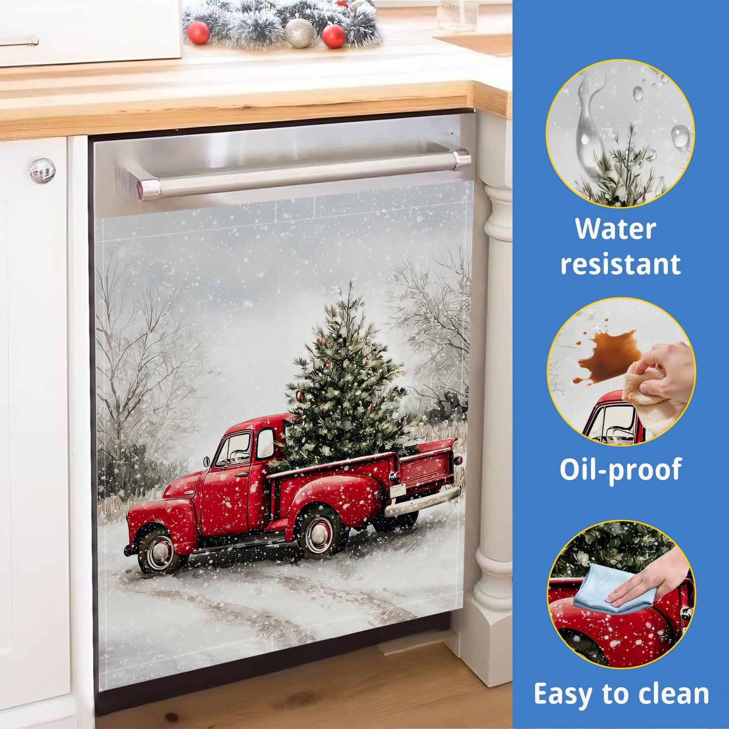 Washable Red Truck Dishwasher Magnetic Cover for Kitchen Decor,Christmas Tree Refrigerator Magnet Front Panel for Appliances,23 x 26 Inch