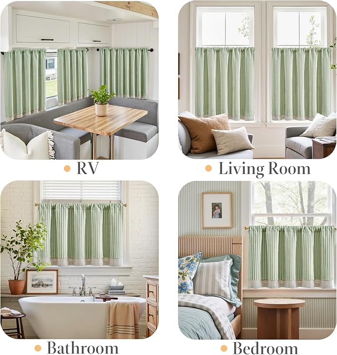 jinchan Double Layer Striped Linen Kitchen Tier Curtain Rustic Cafe for Living Room Bathroom Half Window Curtain Light Filtering Rod Pocket 1 Panel 24 Inch Sage Green