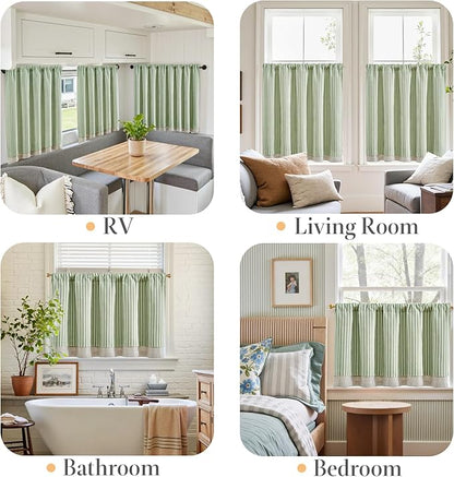 jinchan Double Layer Striped Linen Kitchen Tier Curtain Rustic Cafe for Living Room Bathroom Half Window Curtain Light Filtering Rod Pocket 1 Panel 24 Inch Sage Green