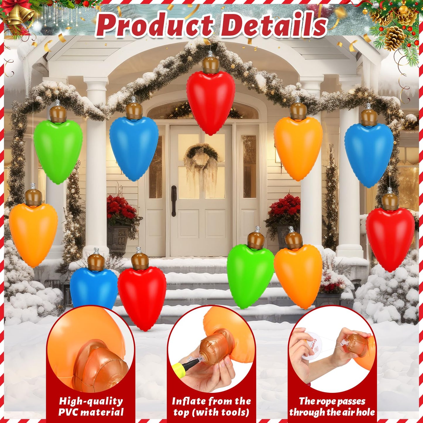 Vertintong 24 Pcs 10 Inch Inflatable Christmas Light Bulbs Ornaments Inflatable Christmas Ball Decorations Xmas Large Blow up Light Bulb Outdoor Indoor for Yard Lawn Tree Hanging Porch Garden Home