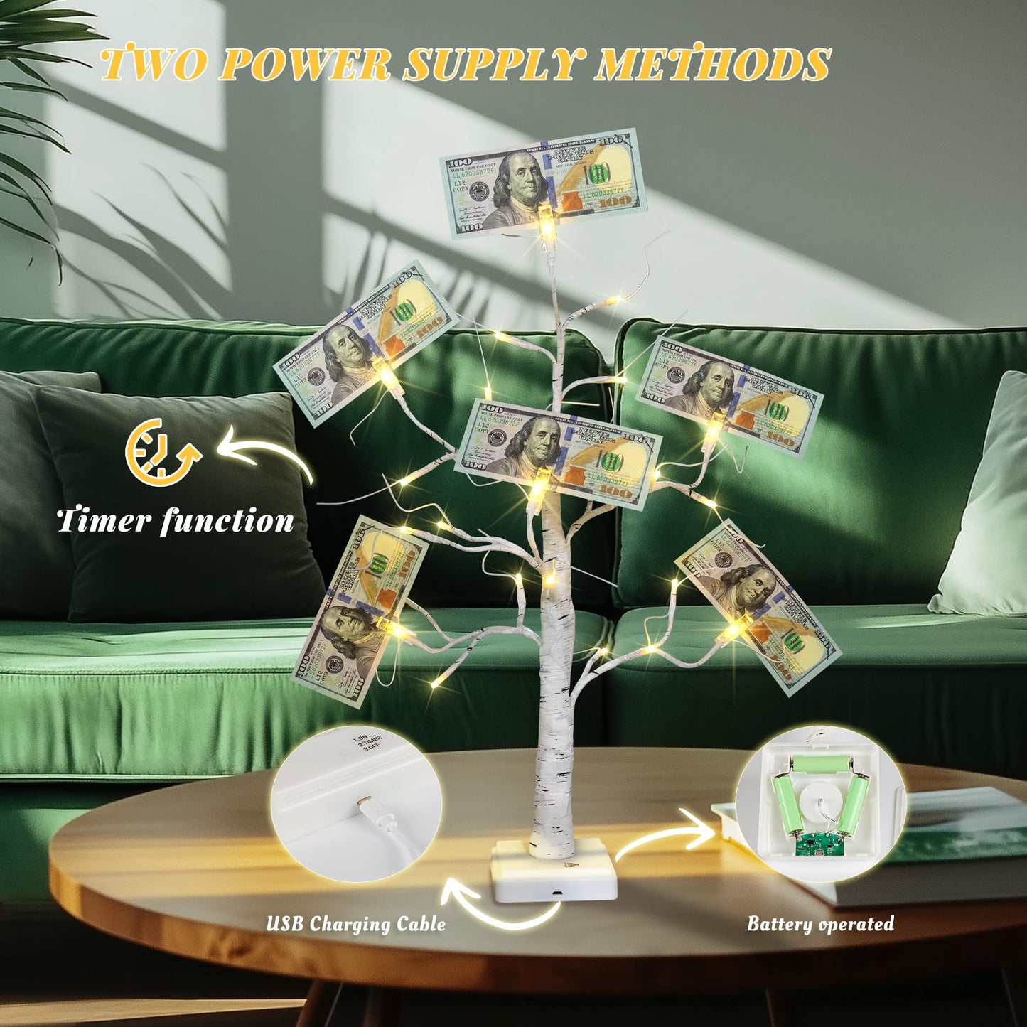 Money Tree Gift Card Holder 24 LED Birch Tree Lamp Battery/USB Powered Light Up White Trees Gift Card Holder with 6 Clips and 6 Greeting Cards for Photo Birthday Christmas Graduation Decor
