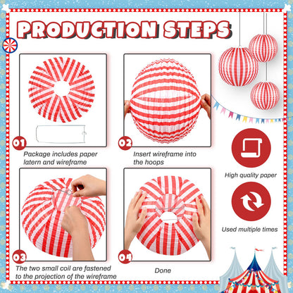 Hortsun 12 Pcs Carnival Circus Decorations Red and White Stripes Paper Lanterns Chinese Hanging Paper Lanterns for Carnival Circus Wedding Birthday Party Baby Shower Home Decoration