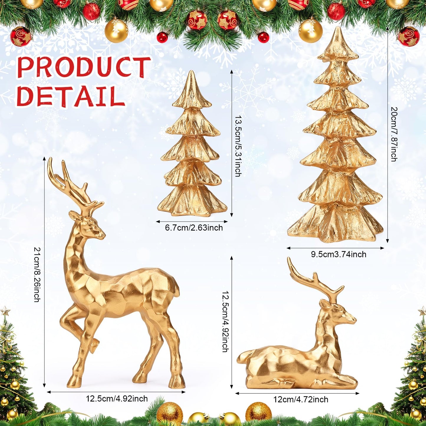 DARCKLE 4-Piece Gold Christmas Tree Figurines and Resin Elk Sculpture Small Resin Christmas Trees,Tabletop Tree Artificial Animal Crafts for Indoor Home Decor,Tabletop Mantle Cabinet Desktop Offic