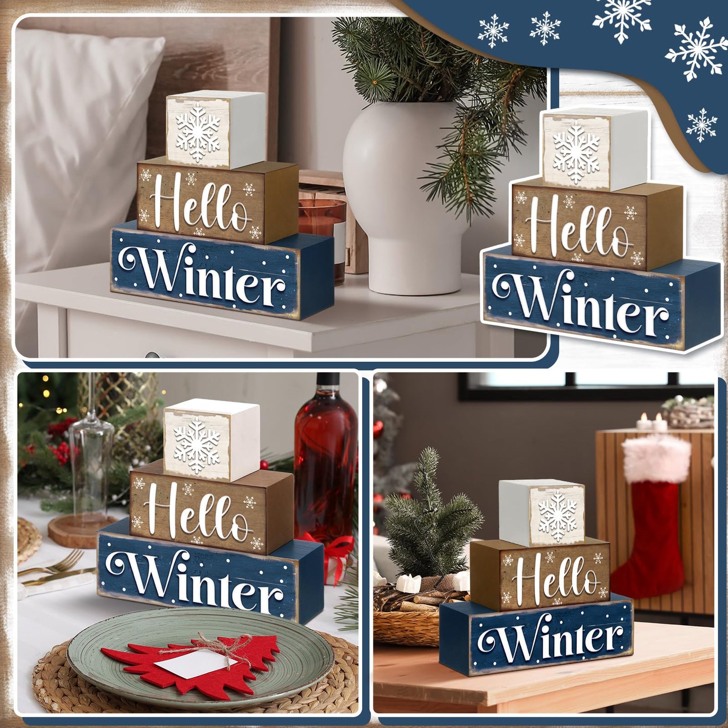 Huquary 3 Pcs Winter Let It Snow Tiered Tray Decor Table Sign Winter Theme Wood Decorations Centerpiece Decor for Party Gift Desk(Snowflake Style)