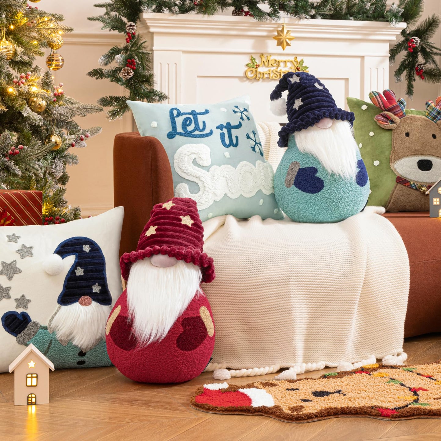 Phantoscope Merry Christmas Throw Pillow, Sherpa Fleece Gnome Santa Claus Shaped Pillow with Corduroy Hat & Pom-pom Plush Xmas Decorative Pillow for Couch, Blue, 10.5x18 inch