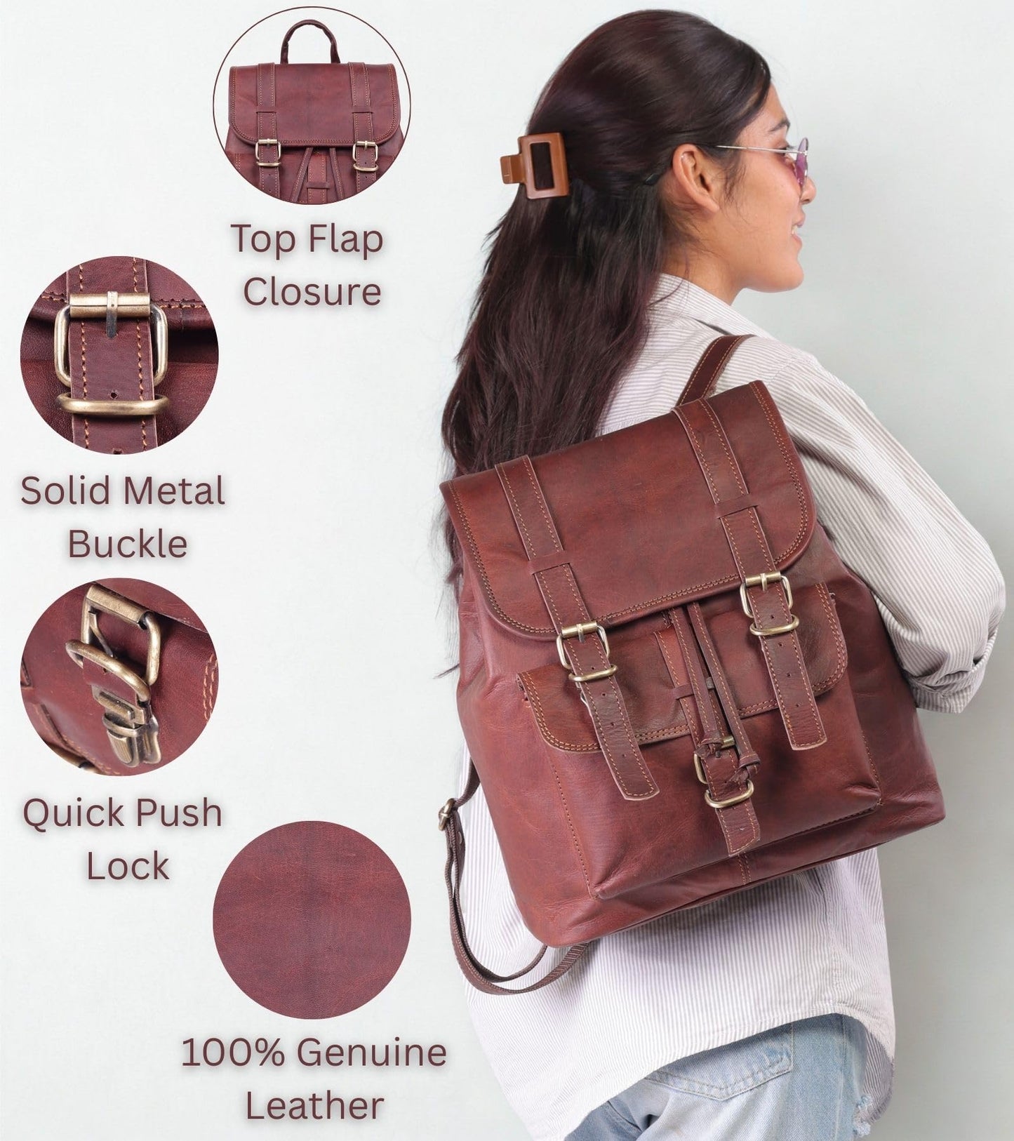 Lakshigo Womens Leather Backpack Purse – 14" Brown Vintage Genuine Leather Drawstring Rucksack Ladies Leather Bookbag for Work, Travel & Everyday Use (Brown)
