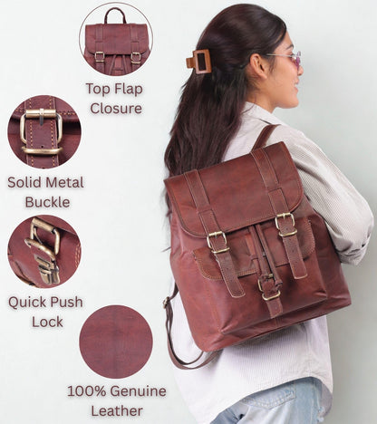 Lakshigo Womens Leather Backpack Purse – 14" Brown Vintage Genuine Leather Drawstring Rucksack Ladies Leather Bookbag for Work, Travel & Everyday Use (Brown)