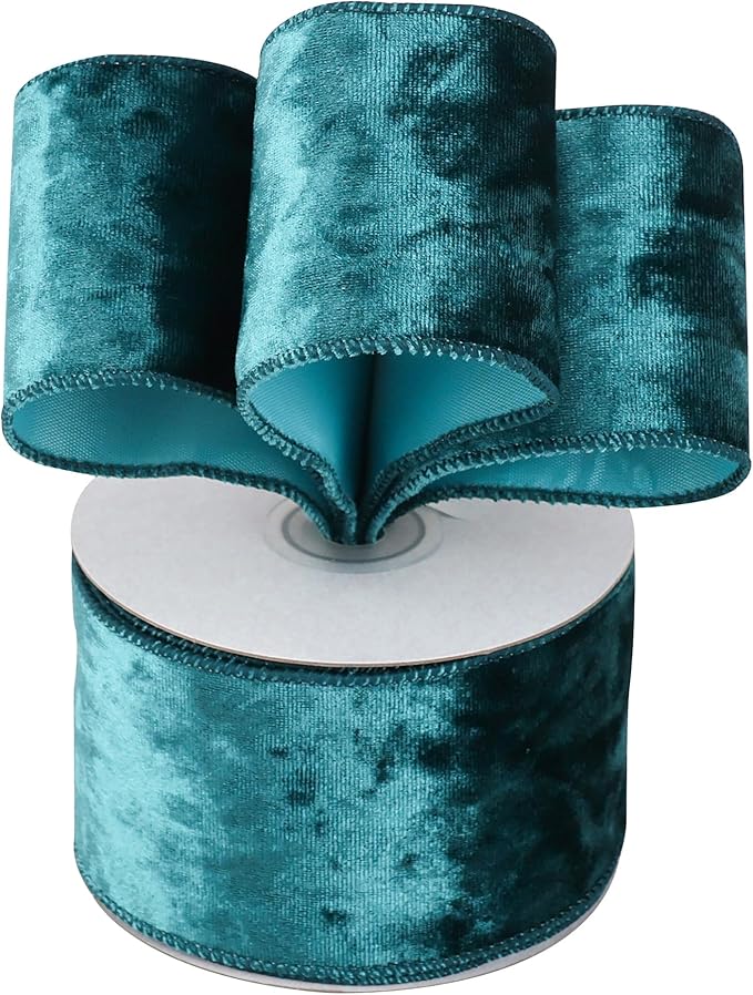 MEEDEE Teal Velvet Ribbon - 2.5 Inch Wired Velvet Crushed Teal Blue Christmas Ribbon, 10 Yards for Tree Decoration, Wreath Supplies, Crafts Bow Making