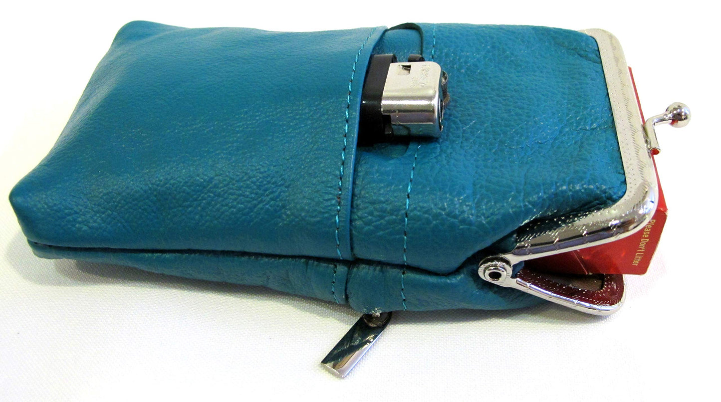 Women 100% Pure Leather Cigarette Case Lighter Match Pocket Zipper Coin Pouch -Teal