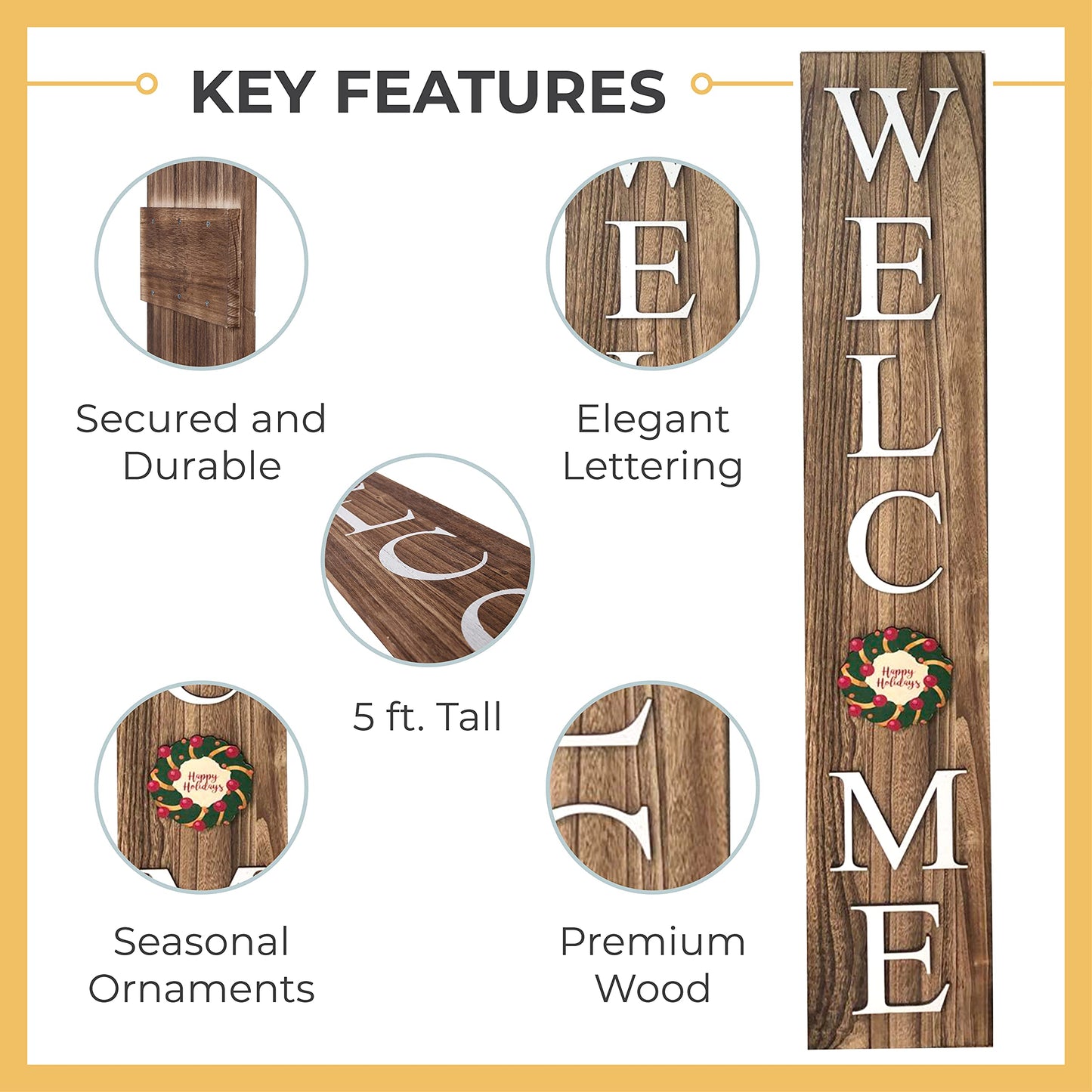 Extra Large 5FT Premium Wooden Interchangeable Welcome Sign for Front Door Porch Sign - 5 ft (58 x 11 Inch) 8 Magnetic Seasonal Tiles, Fall Porch Signs, Holidays and Seasons, Weather Resistance Standing welcome sign Outdoor and Indoor (Brown)