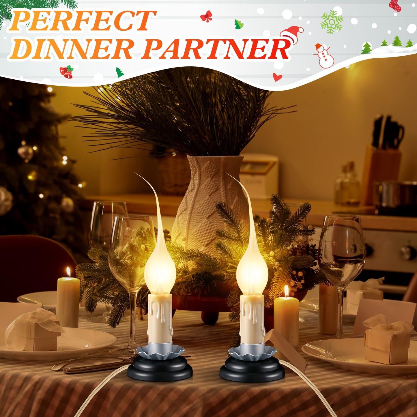 Enhon 2 Pack 3 in Rustic Country Candle Light with Replacement LED Bulbs, UL Certification Electric Christmas Window Candles Light with On/Off Switch, 0.6W C7 Candlestick Lamp, 5Ft Cord