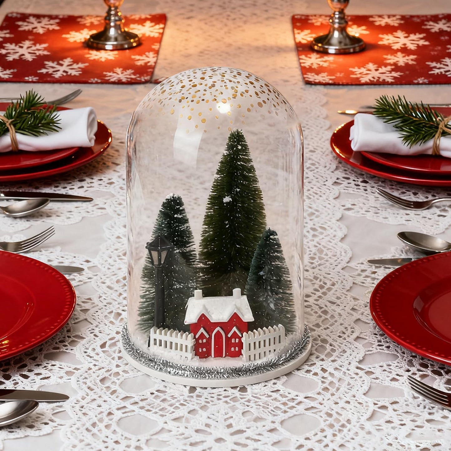 Christmas Decorations Table Centerpieces, Christmas Trees and Red House in Dome Cloche, Xmas Winter Tabletop Decor for Tiered Tray Shelf Mantel Fireplace Coffee Bar Office Desk Holiday Decoration